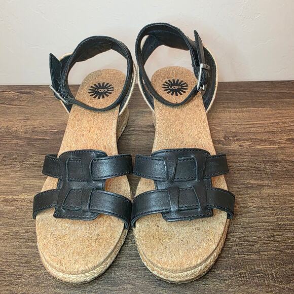 UGG Black Leather Wedge Sandals Espadrille Platform Ankle Strap Women’s 8 - Picture 4 of 7